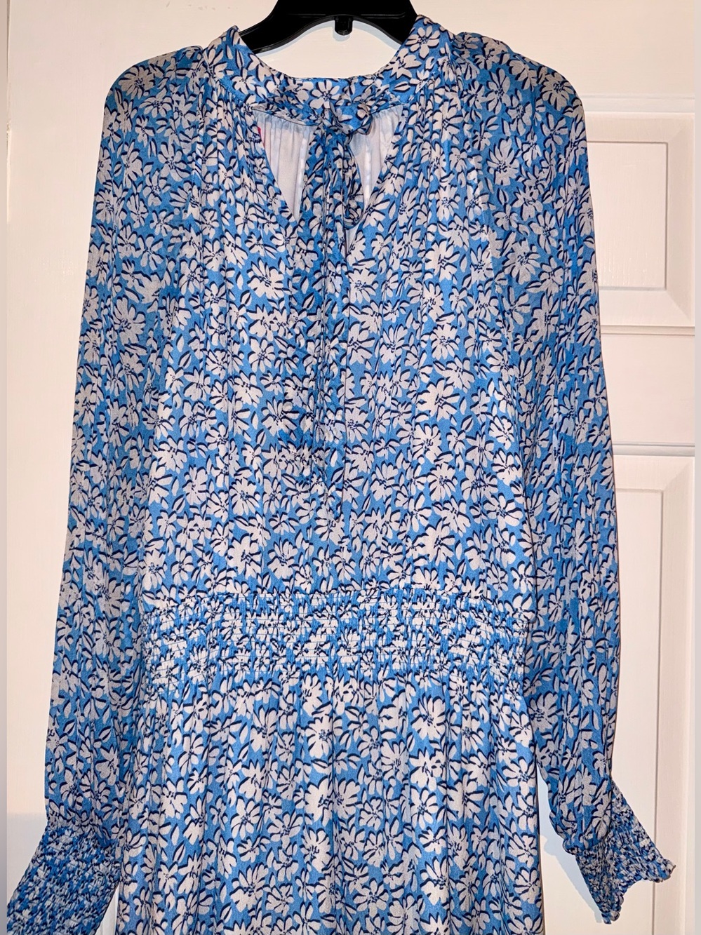 Blue and White Floral Long-Sleeve Smocked Waist Dress - Picture 6 of 6